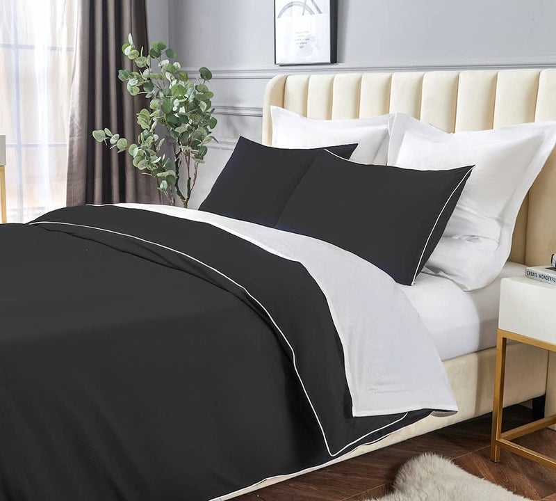 DAUAOTO Duvet Cover King Set, Black Microfiber with Decorative White Piping, 1 Zipper Closure Cover + 2 Shams Halloween Bedding - Image 2