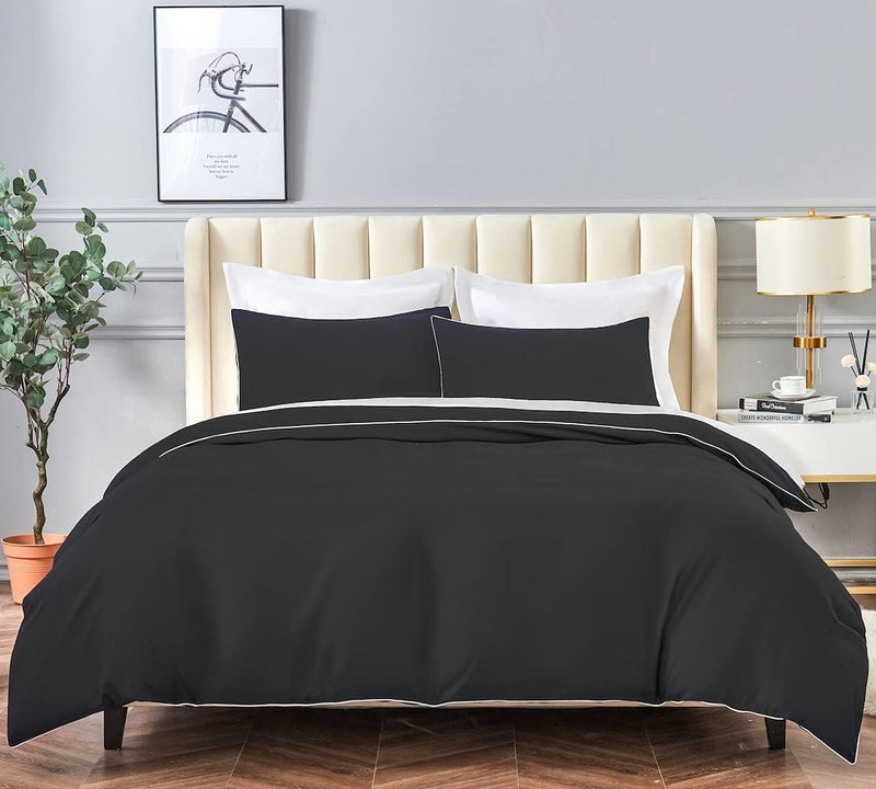 DAUAOTO Duvet Cover King Set, Black Microfiber with Decorative White Piping, 1 Zipper Closure Cover + 2 Shams Halloween Bedding - Image 3