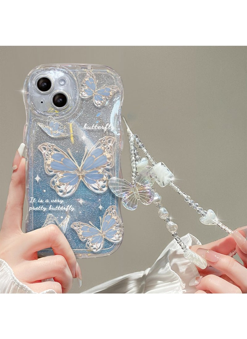 X-level iPhone 15 Case cover butterfly Pattern with camera len protector Beaded Lanyard Wrist anti-drop Strap for Women Girls, Soft TPU Full Protective Cover back comfortable touch feeling accessory  - Image 1