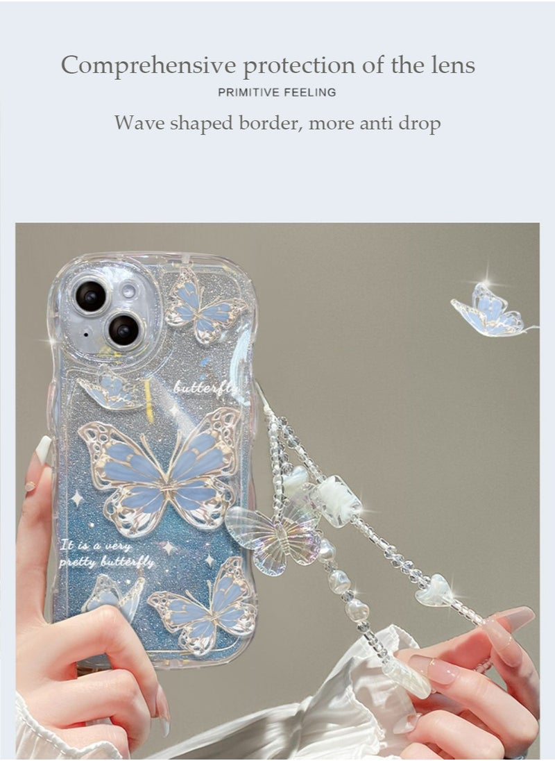 X-level iPhone 15 Case cover butterfly Pattern with camera len protector Beaded Lanyard Wrist anti-drop Strap for Women Girls, Soft TPU Full Protective Cover back comfortable touch feeling accessory  - Image 2