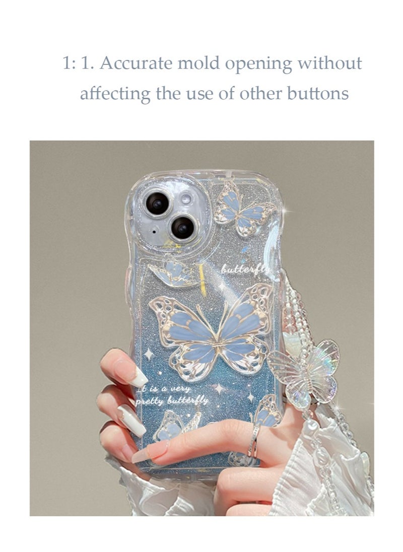 X-level iPhone 15 Case cover butterfly Pattern with camera len protector Beaded Lanyard Wrist anti-drop Strap for Women Girls, Soft TPU Full Protective Cover back comfortable touch feeling accessory  - Image 5