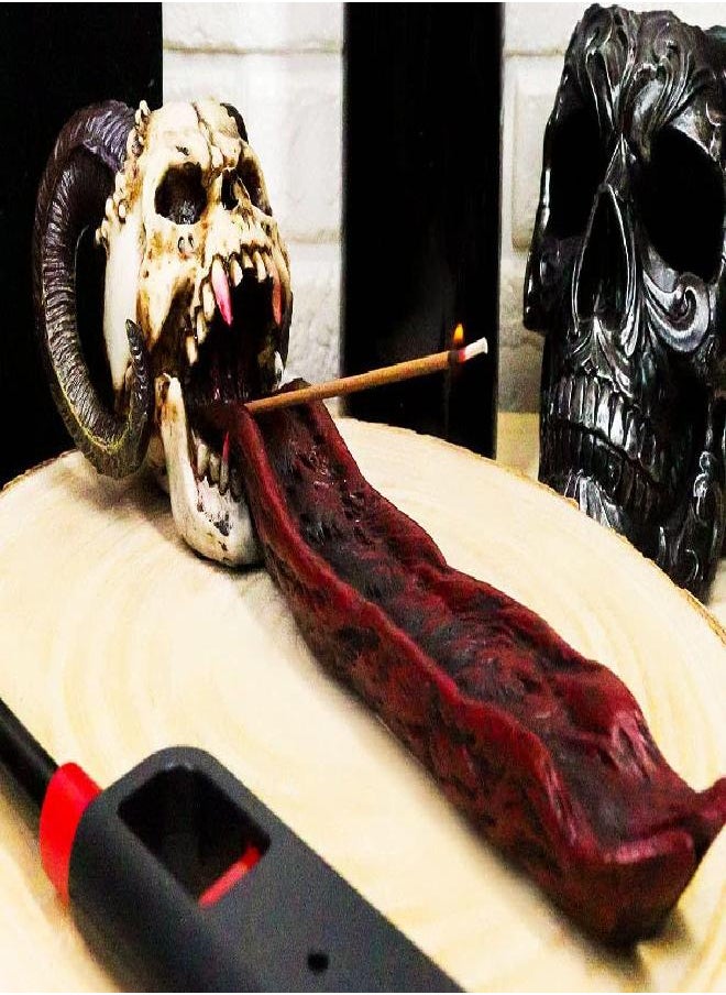 Ebros Gift Ebros Vampire Fanged Ram Horned Skull with Demonic Tongue Incense Stick Burner Holder 10.5" Long Skulls Skeletons Halloween Aromatherapy Decorative Accent Figurine Accessory  - Image 2