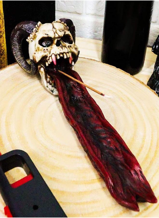 Ebros Gift Ebros Vampire Fanged Ram Horned Skull with Demonic Tongue Incense Stick Burner Holder 10.5" Long Skulls Skeletons Halloween Aromatherapy Decorative Accent Figurine Accessory  - Image 1