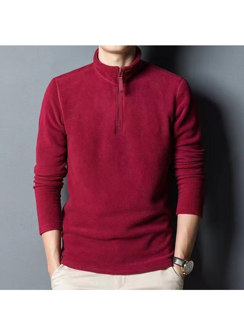Generic - Long Sleeve Zipper High Collar Double-sided Fleece Mens T-shirt Casual Basic Solid Color Polyester Fiber Autumn Winter Top Black - Image 1