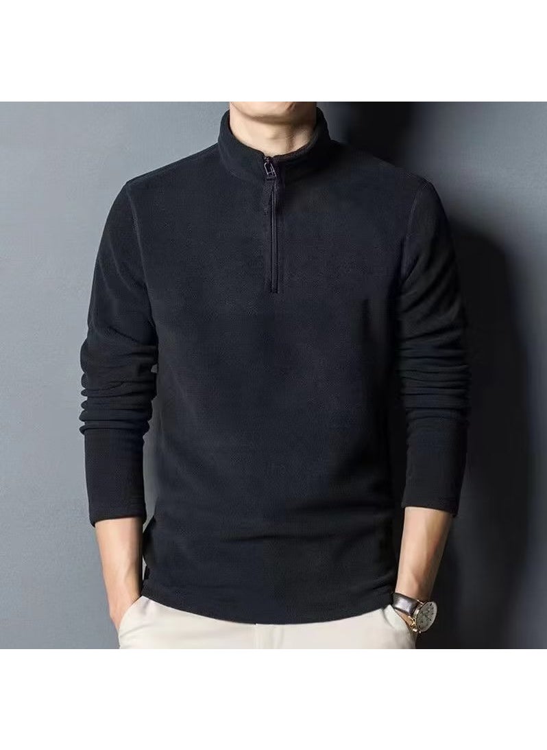 Generic - Long Sleeve Zipper High Collar Double-sided Fleece Mens T-shirt Casual Basic Solid Color Polyester Fiber Autumn Winter Top Black - Image 1