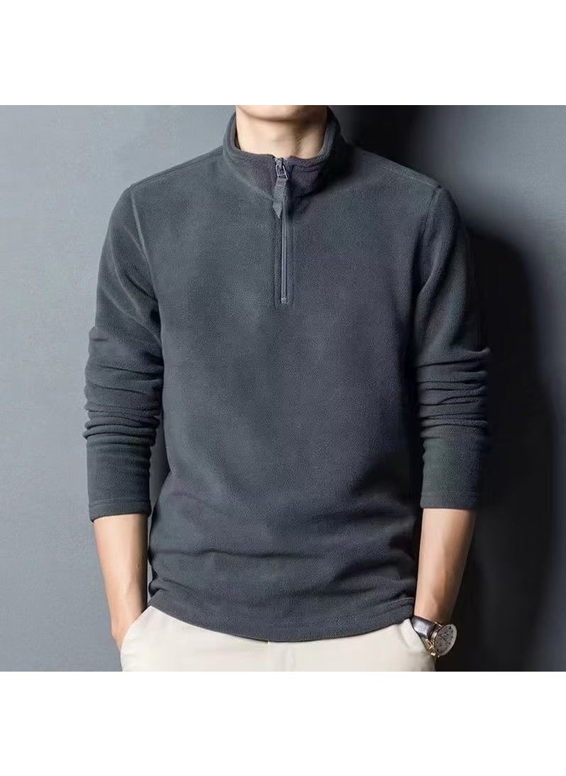 Generic - Long Sleeve Zipper High Collar Double-sided Fleece Mens T-shirt Casual Basic Solid Color Polyester Fiber Autumn Winter Top Black - Image 1