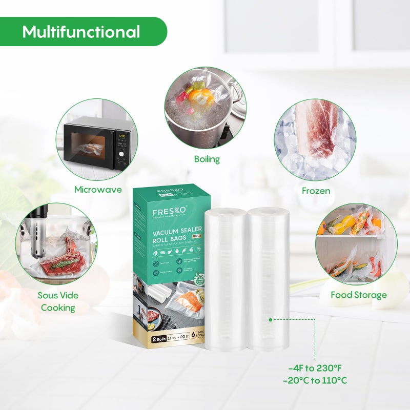 FRESKO Vacuum Sealer Bags Rolls 2 Packs 11" x 20', Commercial Grade Seal a Meal Bags for Storage Food and Sous Vide, BPA Free, Heavy Duty Customized Size Freezer Bags for Vacuum Sealer - Image 2