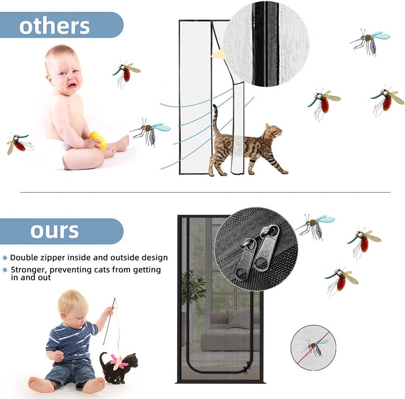 QWR Upgraded Pet Screen Door Fits Door Opening Size Up to 30"x80",Heavy Duty Cat Proof Mesh Screen Door with Zipper Closure,Prevent Cats Running Out from Home,Bedroom,Living Room,Kitchen(U-type,Black) - Image 5