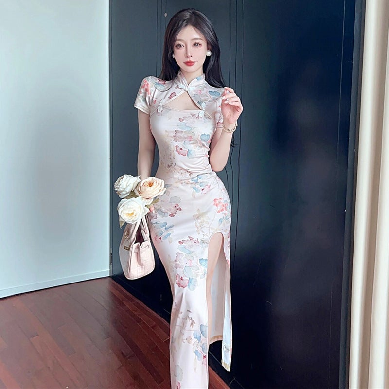 8973 Europe, America and Southeast Asia Foreign Trade Wholesale 2024 Womens Wear Retro Printing Modified Split Slim Fit dress Multicolor