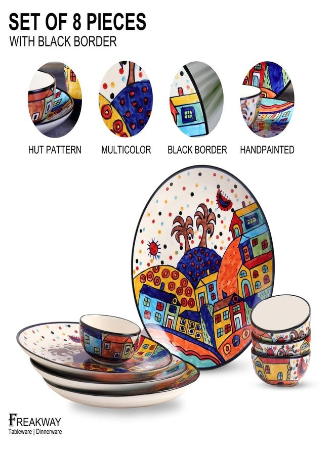 Freakway Hut Family Hand-Painted Glossy Dinner Set Ceramic Stoneware Dinner Set of 8 Pieces | 4 Dinner Plate 10.3 Inch & 4 Serving Bowls 180 Ml | Dishwasher & Microwave Safe - Multicolor - Image 4