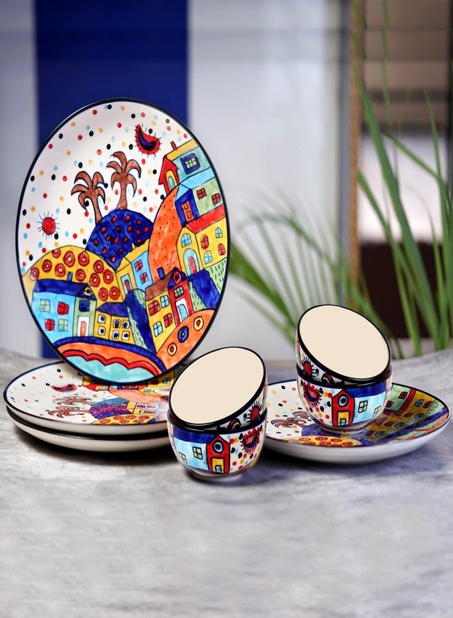 Freakway Hut Family Hand-Painted Glossy Dinner Set Ceramic Stoneware Dinner Set of 8 Pieces | 4 Dinner Plate 10.3 Inch & 4 Serving Bowls 180 Ml | Dishwasher & Microwave Safe - Multicolor - Image 1