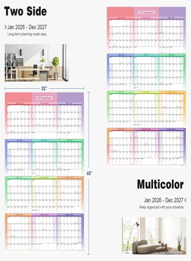 Ospelelf Large Dry Erase Calendar for Wall 2026-2027 - 32'' x 48'' Yearly Laminated Monthly Family Calendars for Office, Use Jan 2026 - Dec 2027 (Rainbow) - Image 3