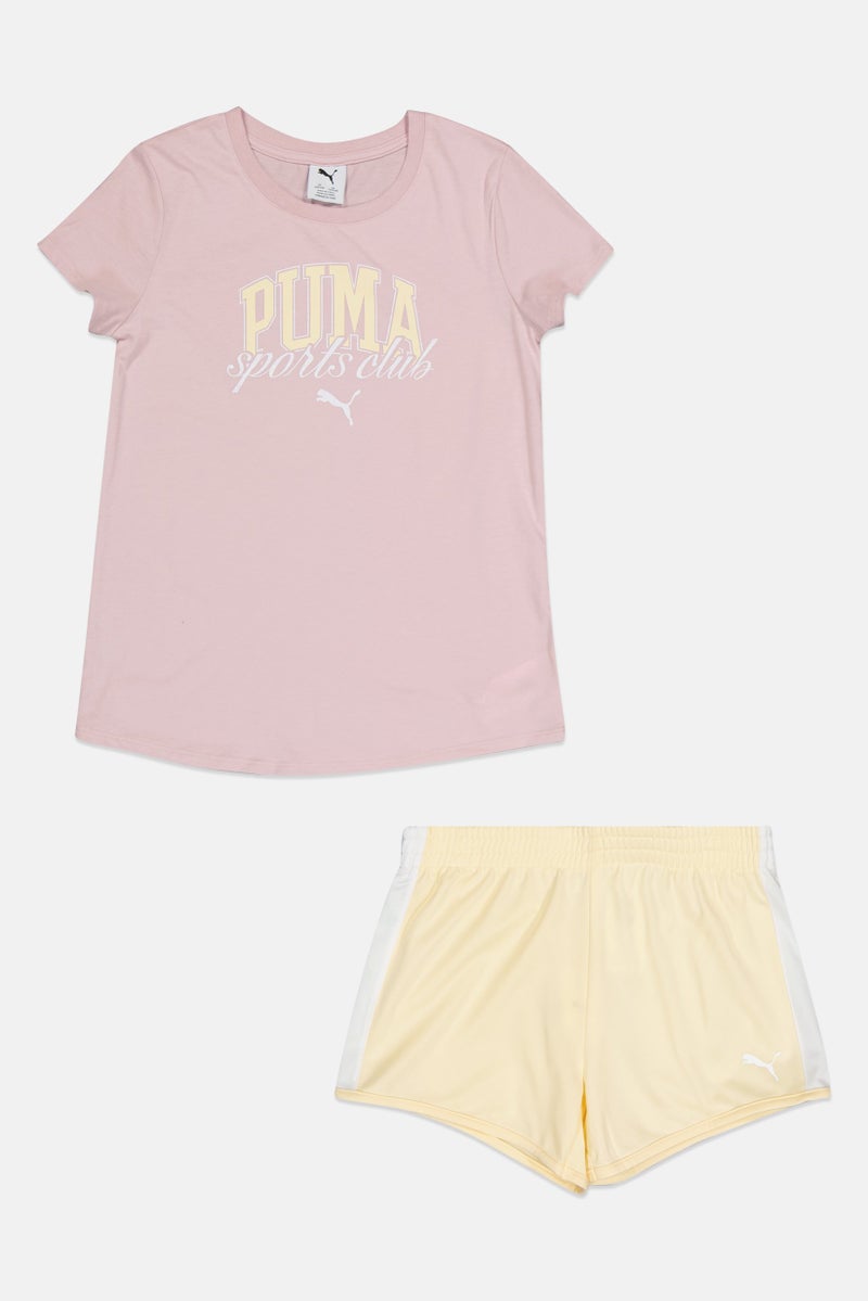 PUMA طقم ملابس رياضية للبنات من قطعتين، تي شيرت وشورت، متعدد الألوان - Image 1