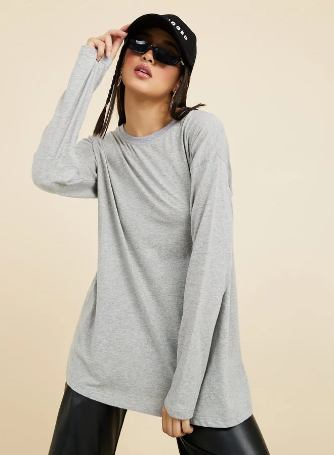 Styli Drop Sleeve Split Hem Oversized Longline T-Shirt