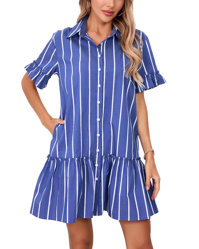 YEXPINE Women's 2026 Summer Casual Shirt Dress Drop Waist Ruffle Mini Dress with Pockets Blue - Image 1