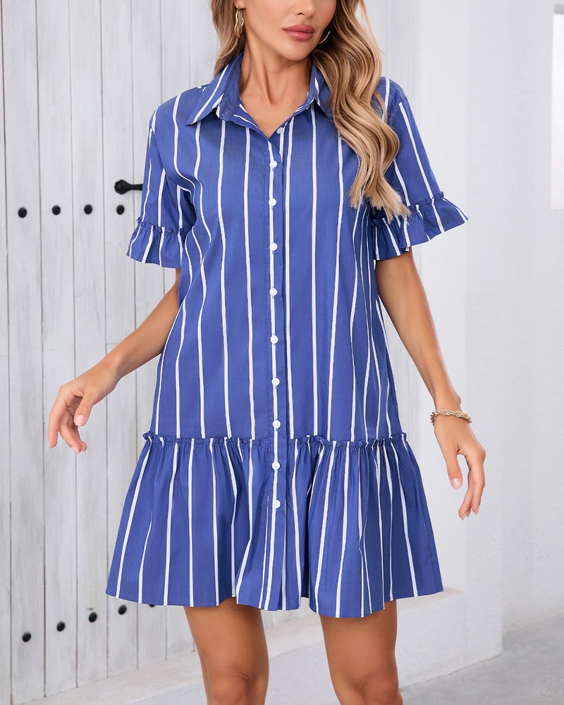 YEXPINE Women's 2026 Summer Casual Shirt Dress Drop Waist Ruffle Mini Dress with Pockets Blue - Image 5
