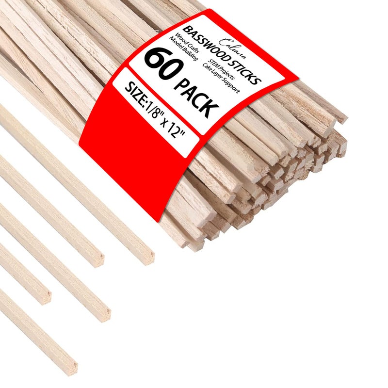 Calvana Calvana 18 x 12 Inch 60 PCS Balsa Wood Sticks Thin Wooden Square Dowels Unfinished Straight Rod Pieces for Crafts Macrame Supplies Tiered Cakes Strips Plant Support DIY 