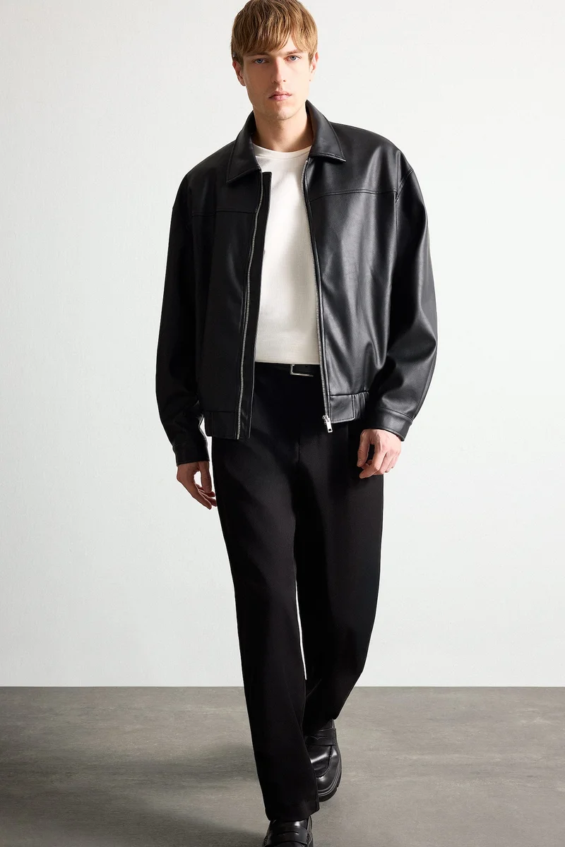 Defacto Oversize Shirt Collar Faux Leather Zip-Up Jacket