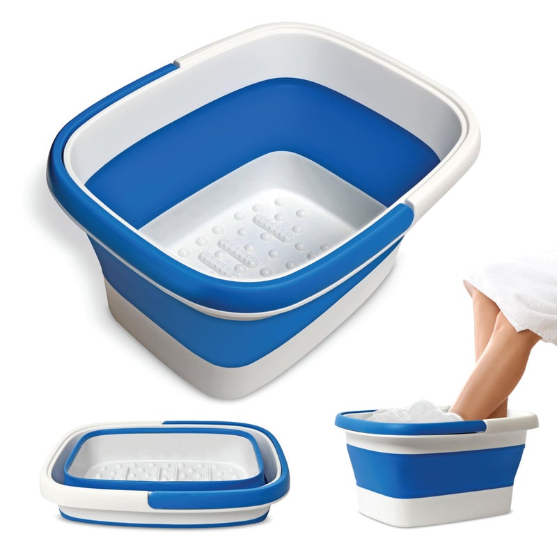 Mantello Collapsible Foot Bath Foot Soaking Tub | Portable Foot Spa Pedicure Bowl | Large Basin to Soak & Wash Feet | Folding Bucket with Carry Handle | White & Grey, Blue, Green [Blue] - Image 1
