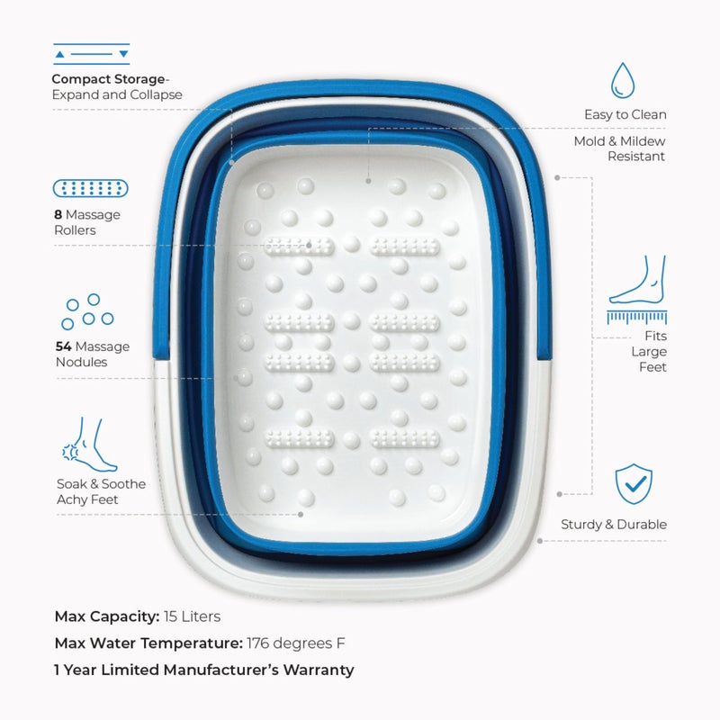 Mantello Collapsible Foot Bath Foot Soaking Tub | Portable Foot Spa Pedicure Bowl | Large Basin to Soak & Wash Feet | Folding Bucket with Carry Handle | White & Grey, Blue, Green [Blue] - Image 4