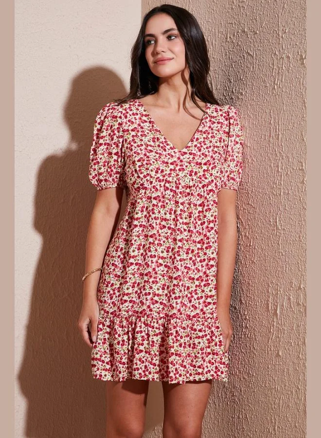 Lela Lela Regular Fit V-Neck Balloon Sleeve Patterned Mini Dress Women's DRESS 67810045