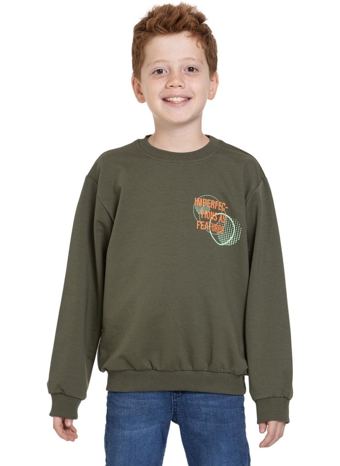 Front Back Digital Print Detailed Khaki Color Boy's Sweatshirt