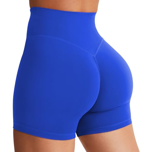 YEOREO Women's Biker Shorts 4.5" / 6" Workout Gym Shorts Craze High Waist Tummy Control Hidden Scrunch Running Yoga Blue M - Image 1