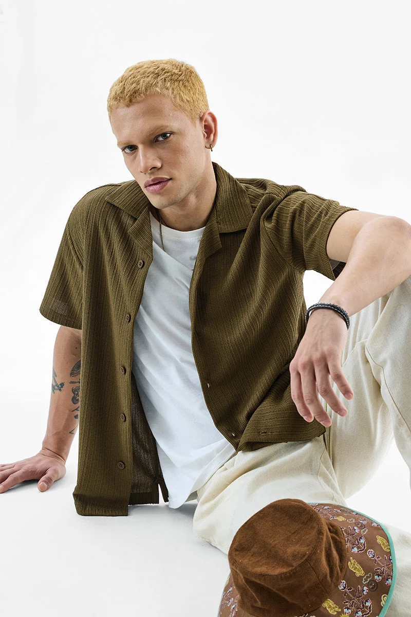 SNITCH Olive Textured Short Sleeve Boxy Shirt