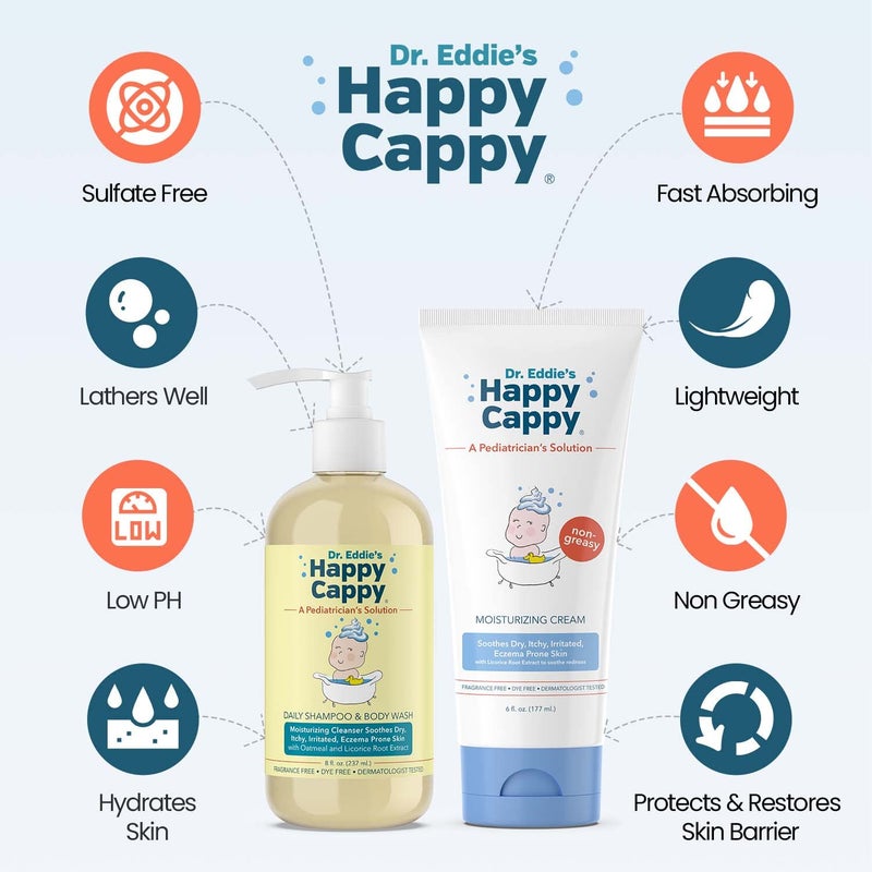 Happy Cappy Baby Shampoo and Body Wash and Moisturizing Cream Bundle - Eczema Body Wash and Lotion for Kids, Toddler, Adults, Helps with Dryness, Reduces Itching, Dermatologist Tested, Fragrance-Free - Image 2