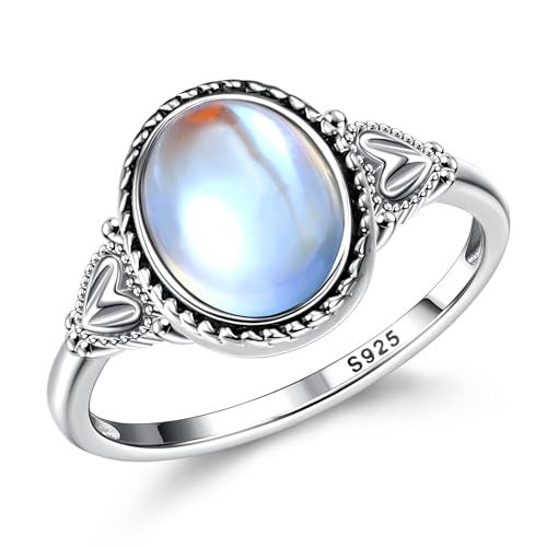 Florideco 925 Sterling Silver Moonstone Ring for Women 18K White Gold Plated Rainbow Moon Stone Rings Victorian Style Gemstone Solitaire Oval Moonstone Ring ML7 - Image 1