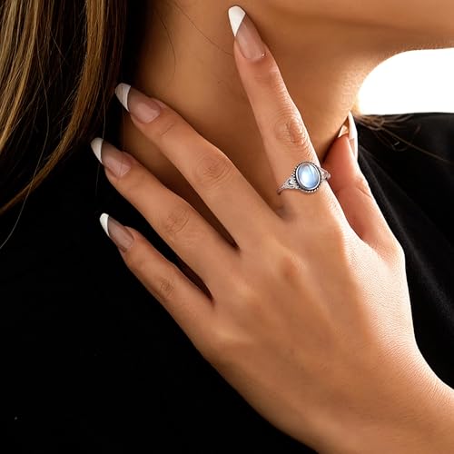 Florideco 925 Sterling Silver Moonstone Ring for Women 18K White Gold Plated Rainbow Moon Stone Rings Victorian Style Gemstone Solitaire Oval Moonstone Ring ML7 - Image 5