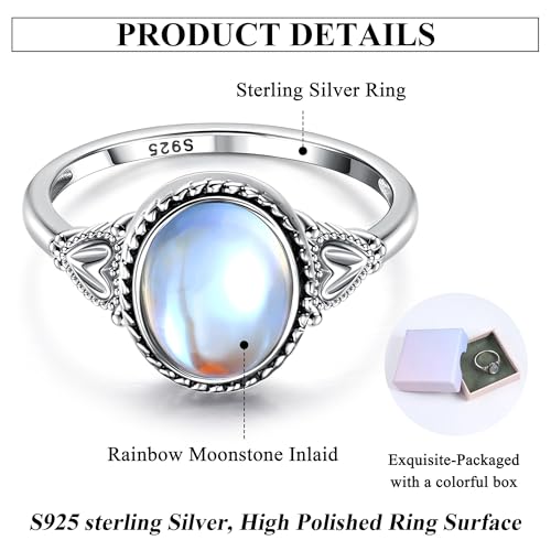 Florideco 925 Sterling Silver Moonstone Ring for Women 18K White Gold Plated Rainbow Moon Stone Rings Victorian Style Gemstone Solitaire Oval Moonstone Ring ML7 - Image 3