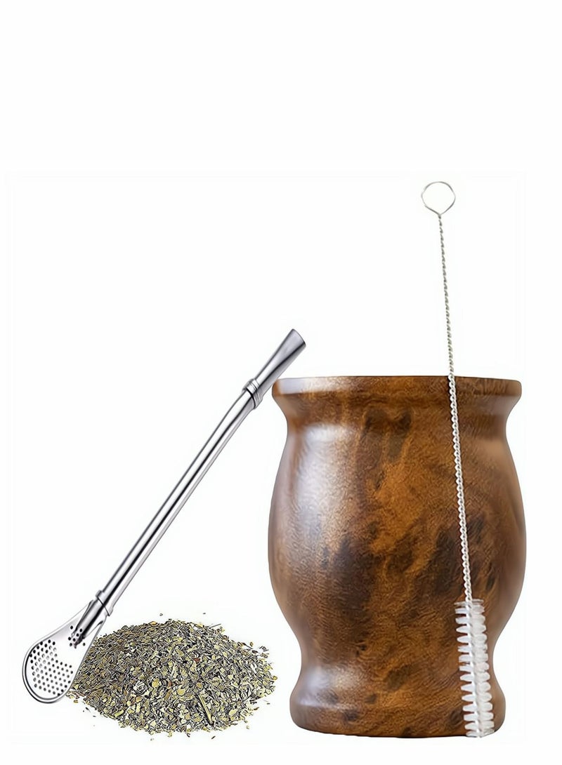 Yerba Mate Tea Cup, Stainless Steel Double Walled Easy Wash Household Insulation Cup, Mate Gourds for Yerba Mate Loose Leaf Drinking with Bombilla Straw, Wood Grain Color, 230 Ml  - Image 1