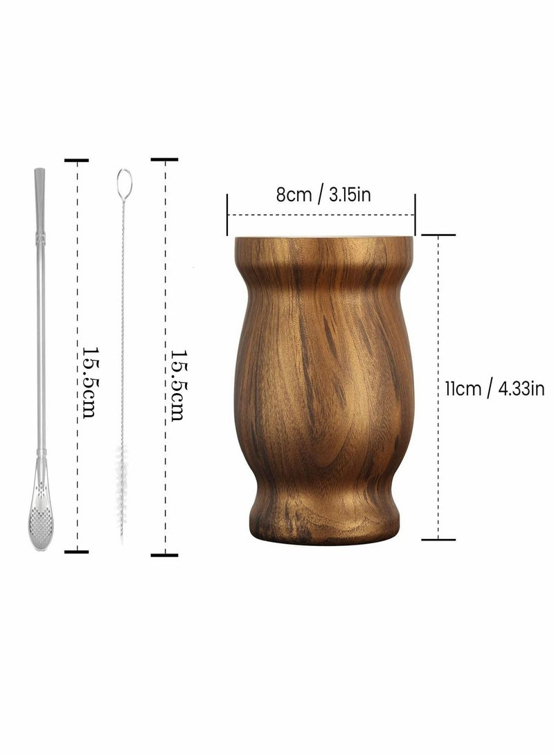 Yerba Mate Tea Cup, Stainless Steel Double Walled Easy Wash Household Insulation Cup, Mate Gourds for Yerba Mate Loose Leaf Drinking with Bombilla Straw, Wood Grain Color, 230 Ml  - Image 5