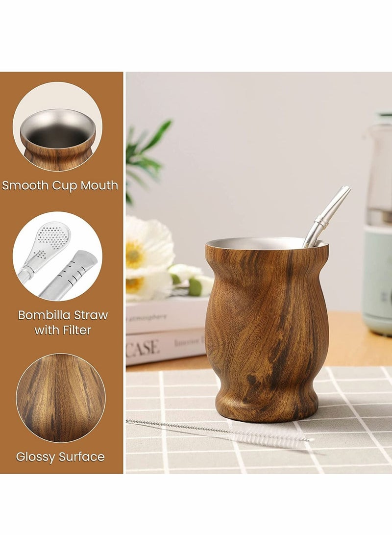 Yerba Mate Tea Cup, Stainless Steel Double Walled Easy Wash Household Insulation Cup, Mate Gourds for Yerba Mate Loose Leaf Drinking with Bombilla Straw, Wood Grain Color, 230 Ml  - Image 4