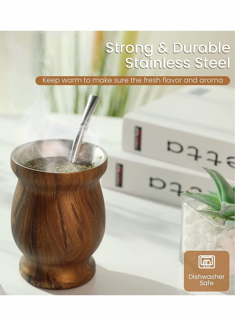 Yerba Mate Tea Cup, Stainless Steel Double Walled Easy Wash Household Insulation Cup, Mate Gourds for Yerba Mate Loose Leaf Drinking with Bombilla Straw, Wood Grain Color, 230 Ml  - Image 3