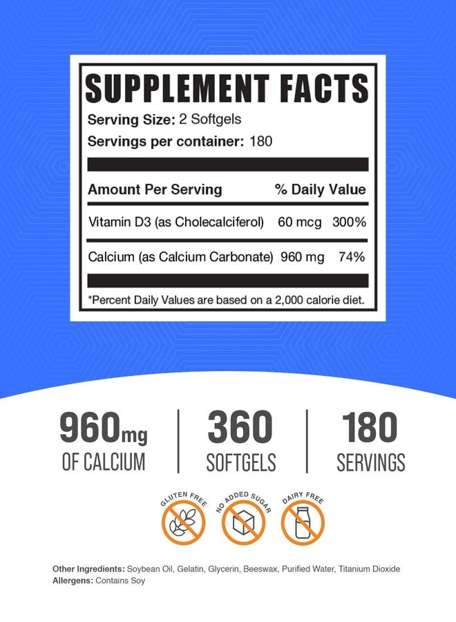 بالك سابلمنتس كبسولات هلامية من كربونات الكالسيوم وفيتامين د3 من BulkSupplements.com - مكمل غذائي من الكالسيوم وفيتامين د3 لدعم المناعة - خالٍ من الغلوتين، كبسولتان هلاميتان لكل جرعة، 360 كبسولة (عبوة واحدة) - Image 2