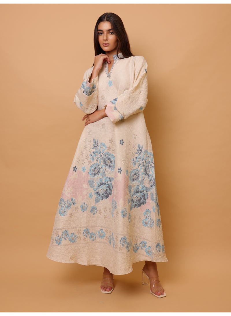 IKKXA Beautiful Design Printed Jalabiya Floral Details IK4021 Blue - Image 5