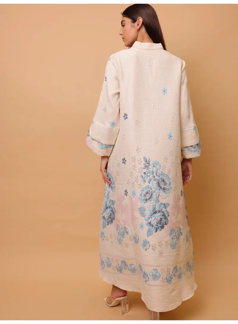 اكسا جلابية بتصميم جميل مطبوع بتفاصيل زهور لون أزرق