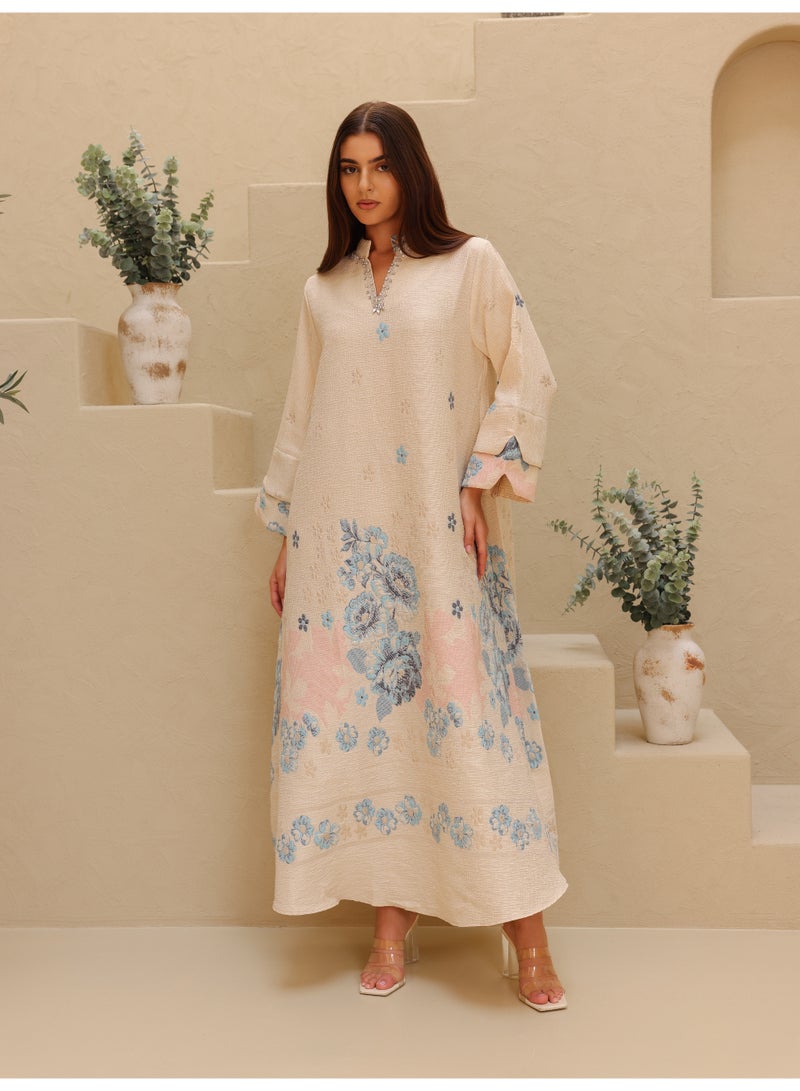 IKKXA Beautiful Design Printed Jalabiya Floral Details IK4021 Blue - Image 1