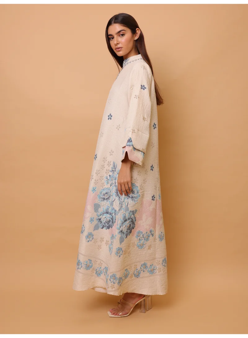 اكسا جلابية بتصميم جميل مطبوع بتفاصيل زهور لون أزرق