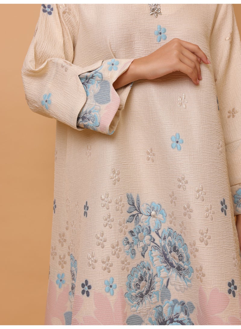 IKKXA Beautiful Design Printed Jalabiya Floral Details IK4021 Blue - Image 2