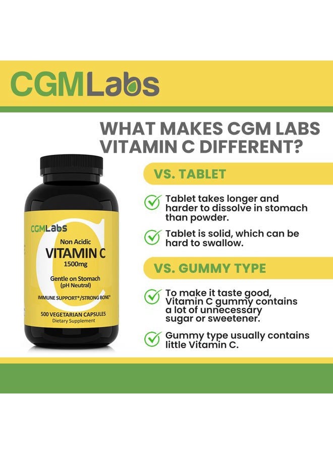 CGMLABS CGM Labs - MEGA Size Vitamin C 1500mg - Non Acidic, PH Neutral, Gentle on Stomach - 500 Capsules - Image 3
