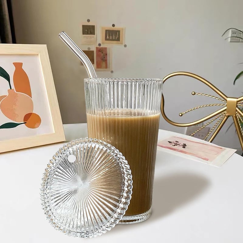 YAHUIPEIUS All season compatible build Glass Cup with Lids and Straws Glass Stripe Coffee Cup LID NOT SCREW AND SECURED 12.5oz Coffee Glasses Cup(C-Ruonded) Simple practical structure - Image 5