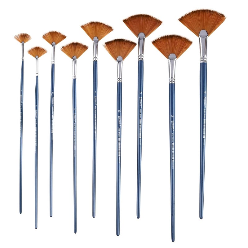 Worison Long Handle 9 pcs Synthetic Fan Paint Brush Set for Acrylic Watercolor and Gauche Painting(Wood) - Image 1
