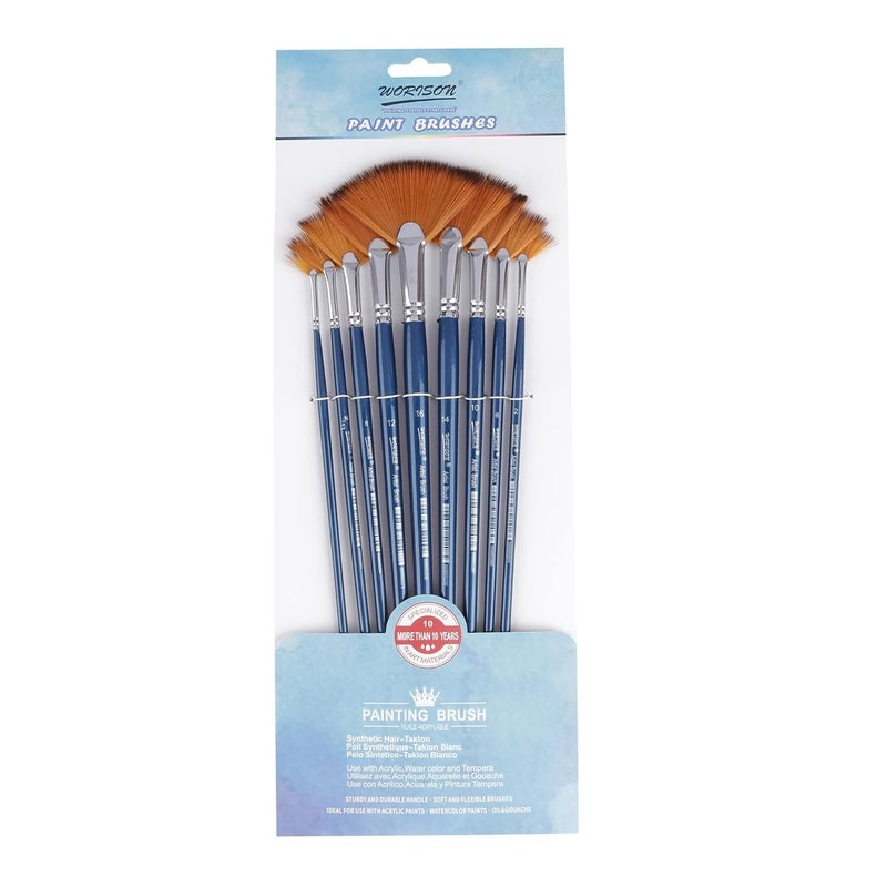 Worison Long Handle 9 pcs Synthetic Fan Paint Brush Set for Acrylic Watercolor and Gauche Painting(Wood) - Image 5