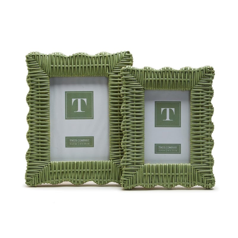 Two's Company Green Wicker Weave Set of 2 Scalloped Photo Frame  Includes 2 Sizes  4x6 and 5x7 Inches  Rattan  Home Decor Accessories - Image 1