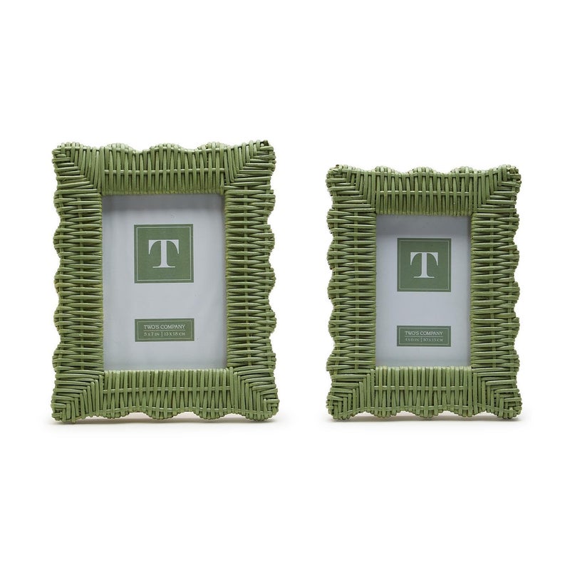 Two's Company Green Wicker Weave Set of 2 Scalloped Photo Frame  Includes 2 Sizes  4x6 and 5x7 Inches  Rattan  Home Decor Accessories - Image 5