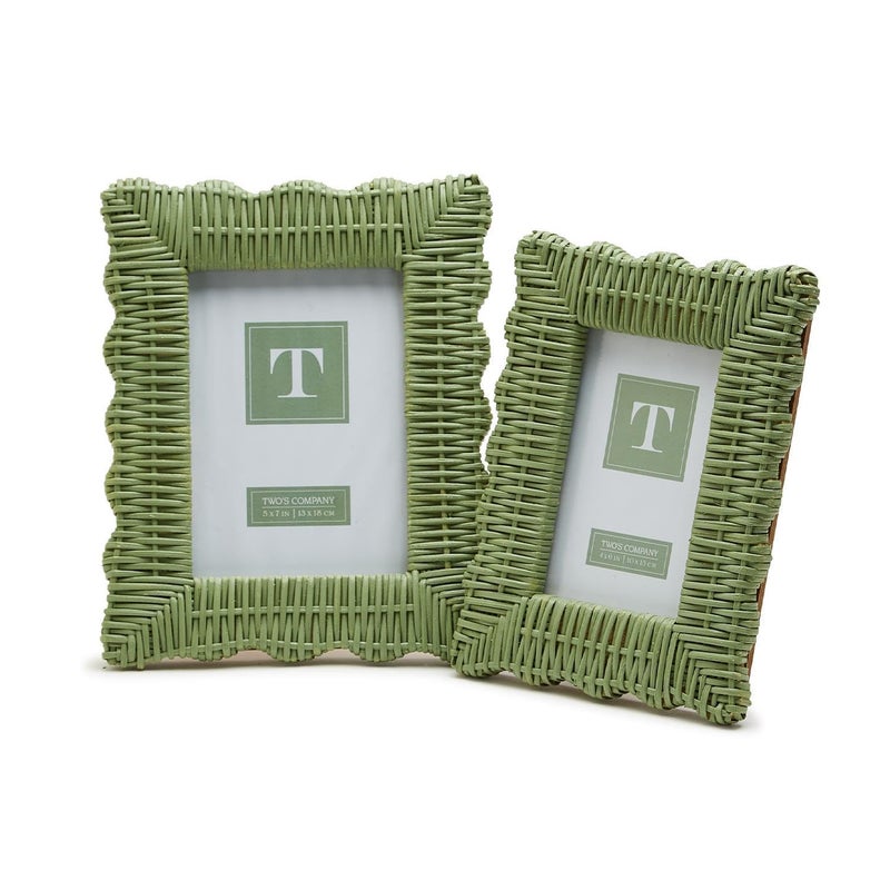 Two's Company Green Wicker Weave Set of 2 Scalloped Photo Frame  Includes 2 Sizes  4x6 and 5x7 Inches  Rattan  Home Decor Accessories - Image 3