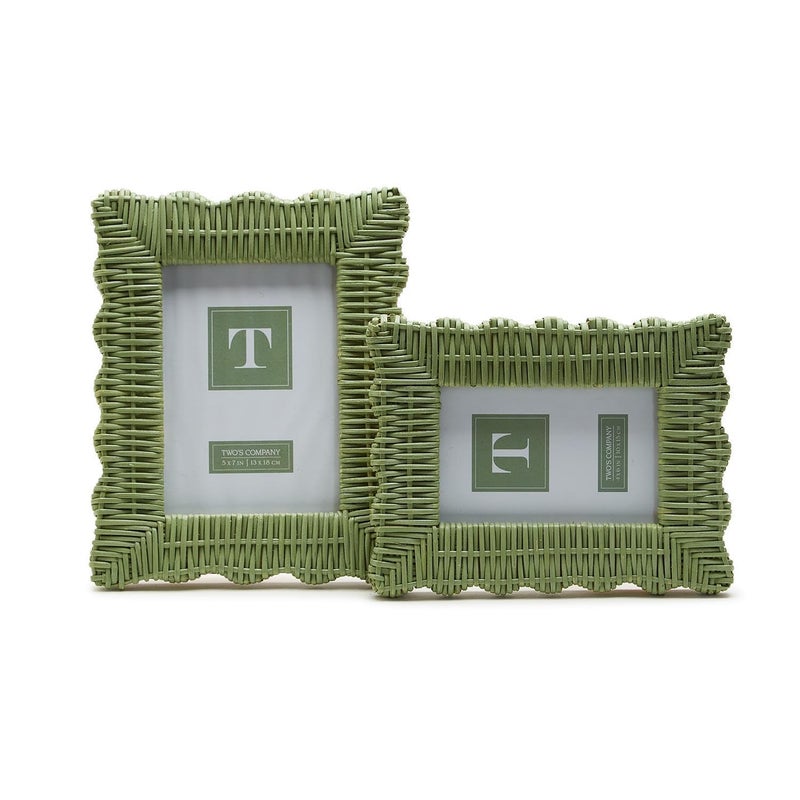 Two's Company Green Wicker Weave Set of 2 Scalloped Photo Frame  Includes 2 Sizes  4x6 and 5x7 Inches  Rattan  Home Decor Accessories - Image 4